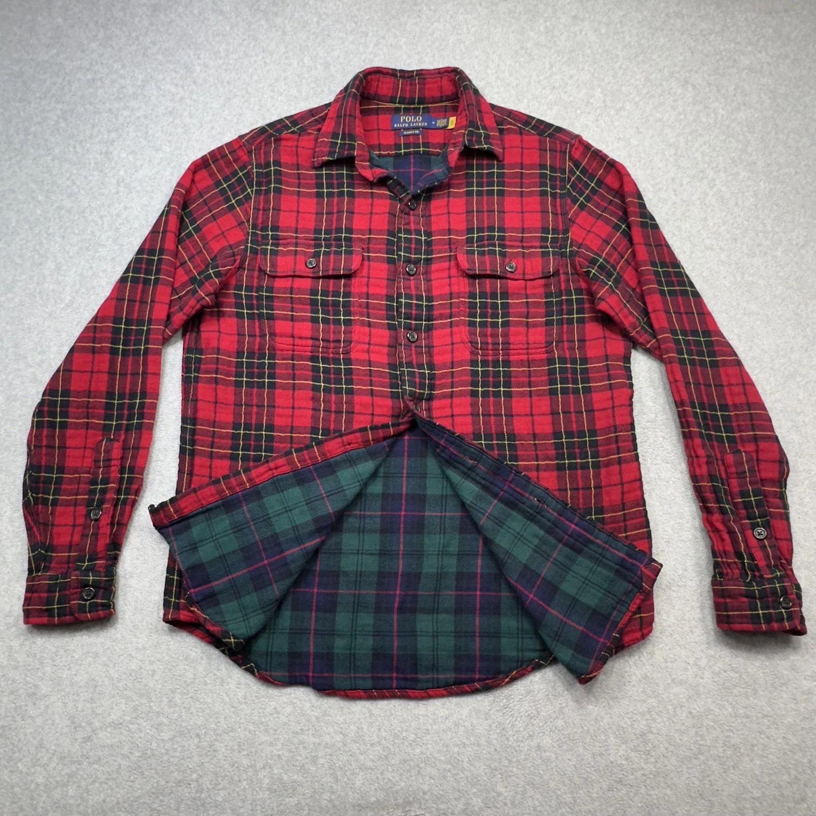 Polo Ralph Lauren Shirt Mens Medium Red Green Tartan Plaid Flannel Button Preppy