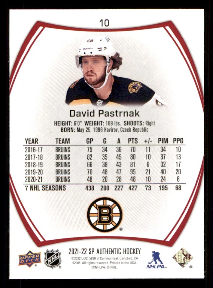 2021-22 SP Authentic Limited Red #10 David Pastrnak - Image 2 of 2