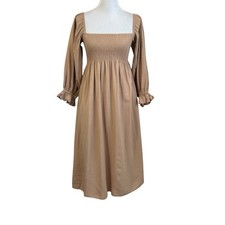 Caara Womens Athena Smocked Dress Sz Large Tan 3/4 Sleeve Viscose Flax Blend