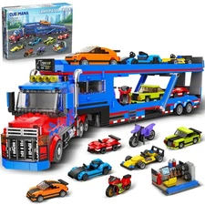 City Transporter Truck Building Set with 7 Sports Cars - Adjustable Loading R...