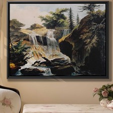 Watercolor Landscape Canvas Print of Rustic Mountains and Waterfall Decor