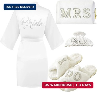 Bride to Be Gift Set - I Do Bride Slippers, Robe, Hair Claw, Makeup Bag - Bridal