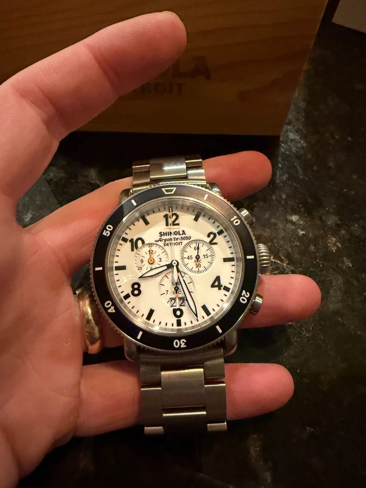 Juego completo de cronógrafo deportivo Shinola Detroit blanco Hurricane Runwell 48 mm todo titanio Foto 3 de 4