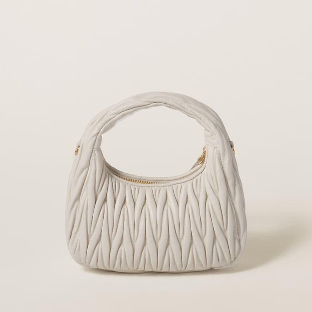 Miu Miu Women's Vegan Leather Quilted Crescent Dumpling Crossbody Hobo Bag Beige