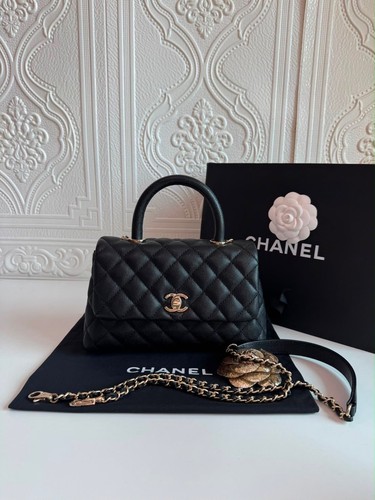 CHANEL Coco Handle Small Bag Black Quilted Caviar Leather Gold Flap Shoulder Bag