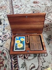 MCM Tabletop Fecorative Solid Wood Box Cribbage Board Cards Pegs Foldable Board