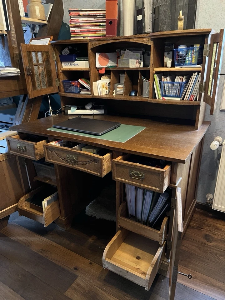 Schreibtisch mit Aufsatz aus Eiche - Bild 2 von 2