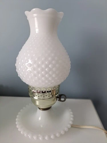 Hobnail Milk Glass 11" Lamp VTG Hurricane Electric Parlor Table Boudoir Works