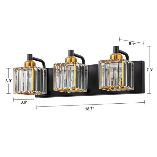 Orillia 18.7 in. 3-Light Black Gold Bathroom Vanity Light with Crystal Shades - Picture 2 of 12