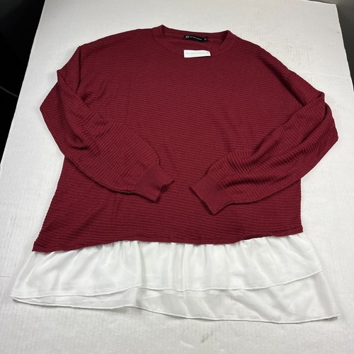 New York & Company Shirttail Sweater Red White Long Sleeve Knit Pullover XL NEW