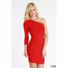New Red One Shoulder Lace Trim Seamless Dress by Nikibiki