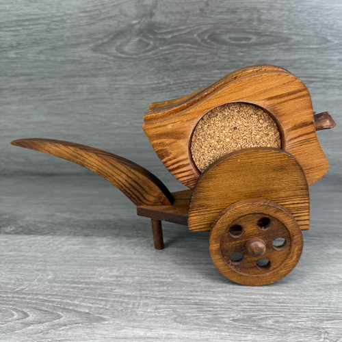Vtg Wooden Coasters Apple Shaped & Wooden Wheelbarrow Holder on Wheels 1970s Lot
