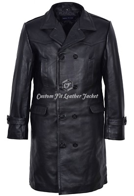 Herren Ledermantel schwarz 100 % ECHTHAUT ''''DEUTSCHER ERBSENMANTEL'''' Stil U-BOOT