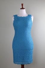 ADRIANNA PAPELL $139 Blue Lace Lined Scalloped Sheath Dress Size 10 Petite