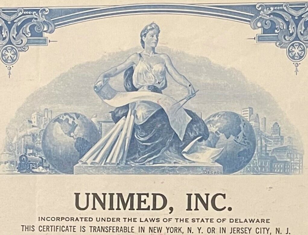 Rare Vintage 1970s 💊 Unimed Inc. Stock Certificate, Madison, NJ 💉