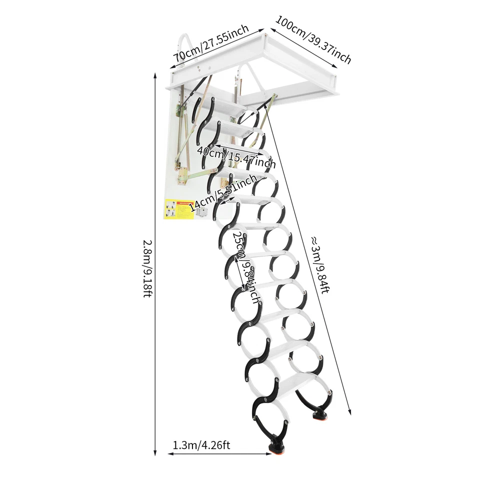 Escalera de ático plegable de 11 pasos escaleras de ático montadas en la pared blanca Foto 2 de 4