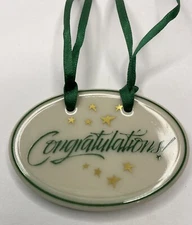 Longaberger Basket Congratulations Tie On Ceramic Green Gold Stars Celebrate