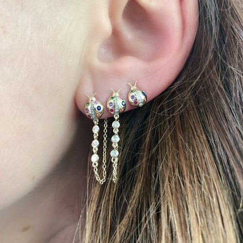 Rainbow Sapphire & Natural Diamond Wrap Chain Ladybug Earrings 14k Rose Gold - 第 2/5 張圖片