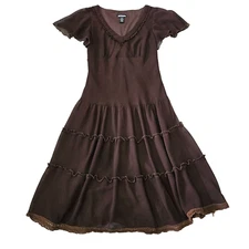 Believe Y2K Sz 8 Brown Tiered Babydoll Cottagecore Peasant V-neck Midi Dress