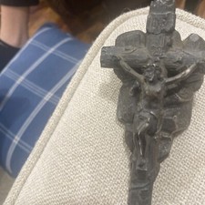Vintage Crucifix Paperweight Made In USA Cast Metal Cross 4 Inch Long Inri Jesus