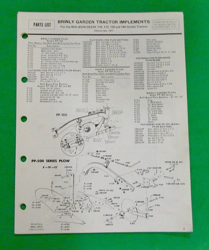 Brinly-Hardy / John Deere Gartentraktor Anbaugeräte Ersatzteilliste (1971) - Bild 1 von 6