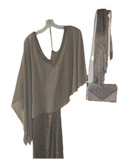 Womens Oleg Cassini Mother Of The Bride Long SilverV Sequin WITH ACCESSORIES 