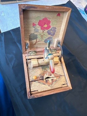 Antique Japanese Mechanical Marquetry Inlay Wood Cigarette Bird Dispenser Box