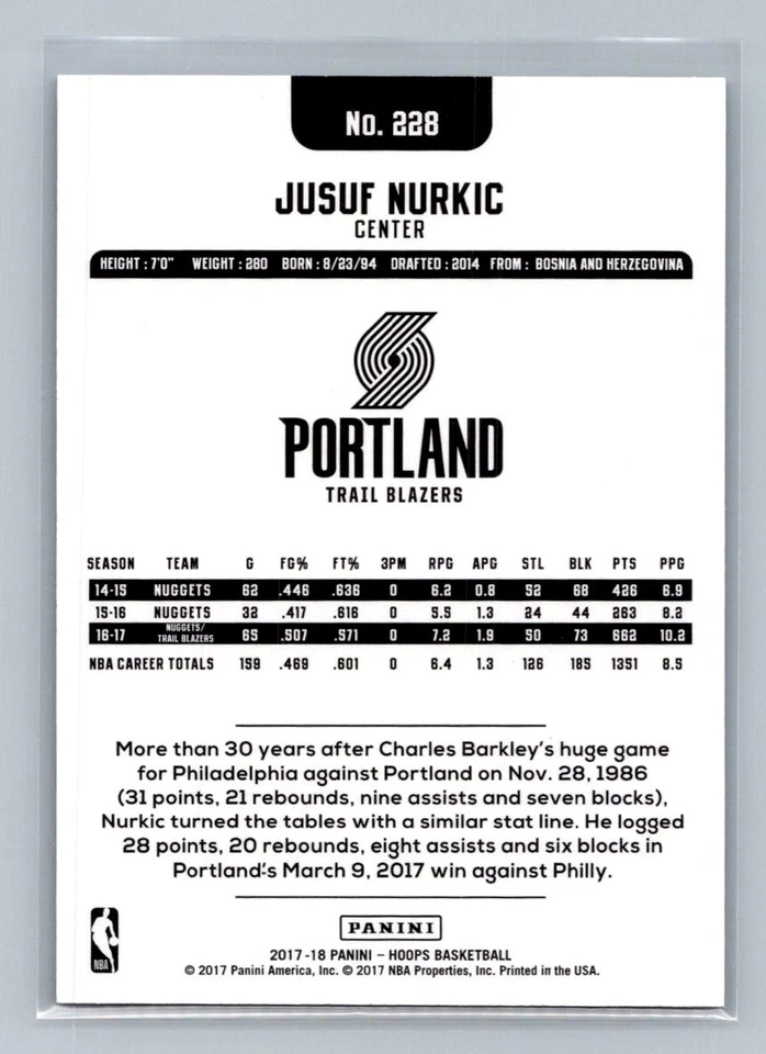 2017-18 Panini NBA Hoops Jusuf Nurkic PLATINUM #228 SP Parallel Trail Blazers - Image 2 of 3