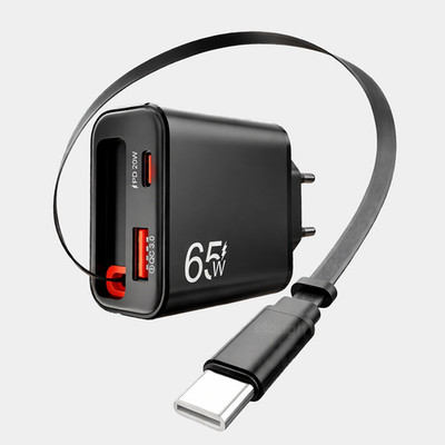 65W USB-C Ladegerät mit einziehbarem Kabel QC 3.0 Schnellladegerät Netzteil