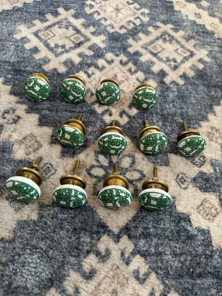 Set of 12 Green & White Ceramic Drawer Pulls Knobs Brass Hardware Vintage Boho - Image 2 of 4