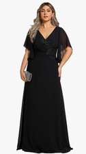 Black Chiffon Maxi Dress Beaded Accents Empire Waist V-Neck Flutter Sleeve