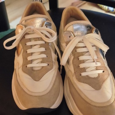 Voile Blanche Womens Beige White Silver Low Top Lace Up Sneakers Suede Leather