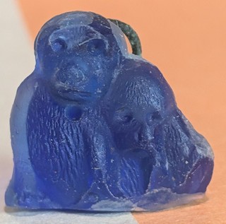 Vintage Czech Frosted Blue Glass Monkey Pair Miniature Cracker Jack Metal Loop