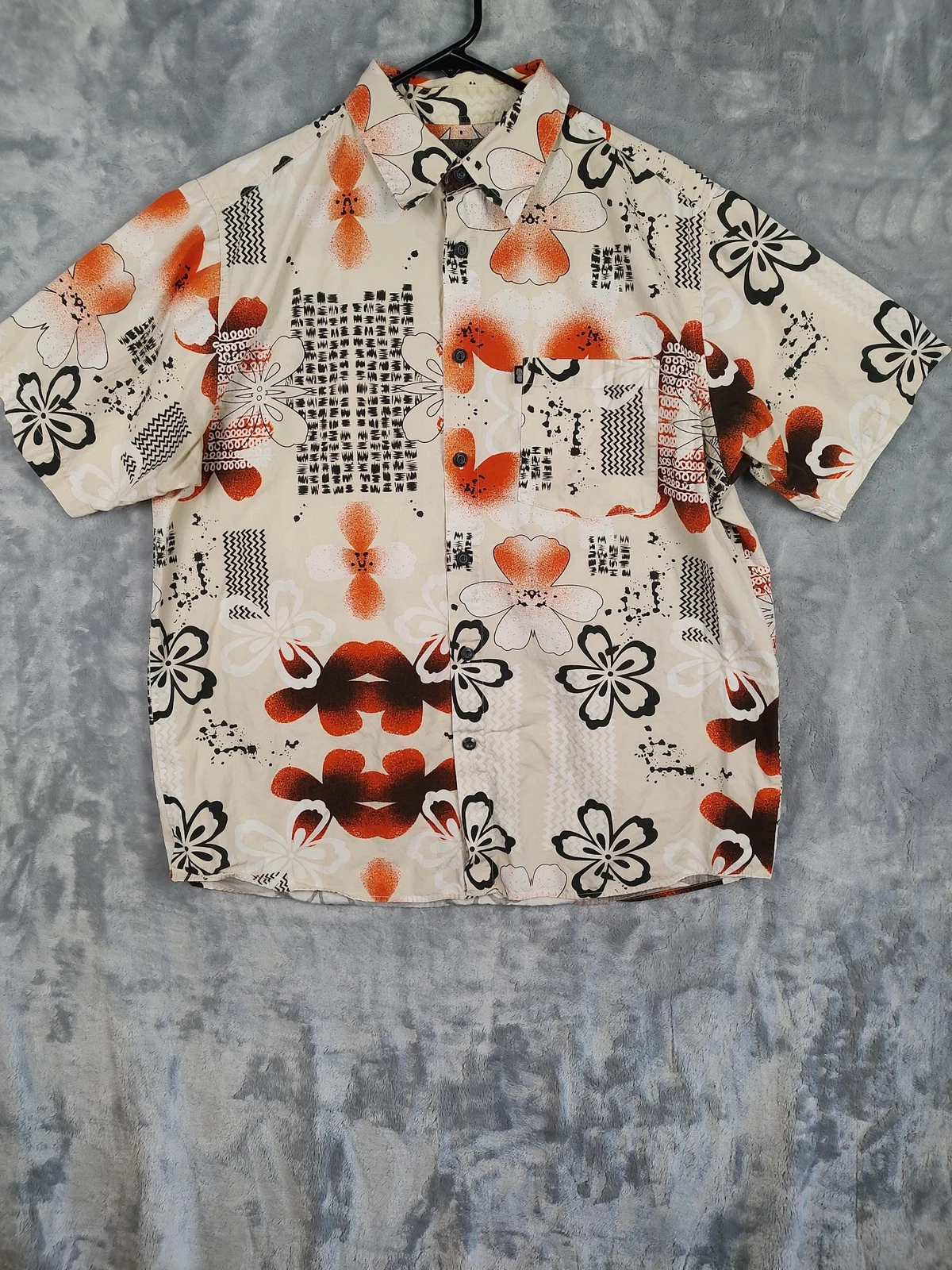 Pineapple Connection Shirt Mens Large Beige Floral Hawaiian Button Up Asian