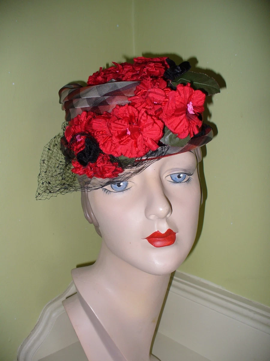 Vintage Red Straw Pillbox Hat with Floral Accent Women main image 4