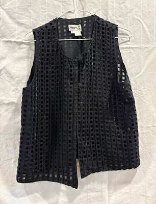 Surya Black Sheer Lace Sleeveless Button Front V-Neck Rayon Vest, Size S