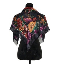 Vtg Unbranded Hand Rolled Still Life Floral Fruit Square Silk Scarf 30x30 In