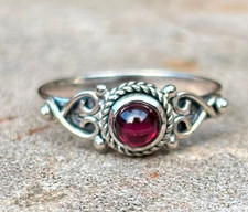 Genuine Red Garnet Minimalist Ring Handmade 925 Sterling Silver Boho Jewelry