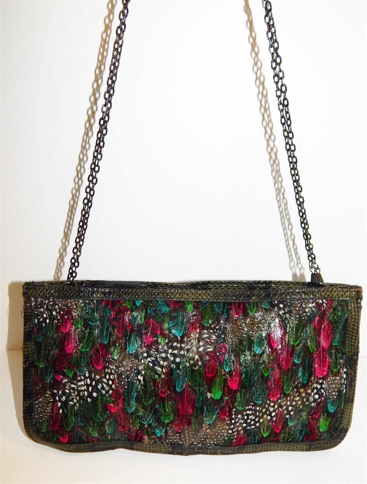 Bolso sin asas Bandolera Custo Barcelona Pluma de Pavo Real Cuero Serpiente Repujado