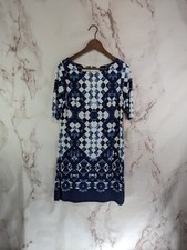Eliza J Dress Women 8 Medium Blue White Shift Mini Stretch Half Geometric
