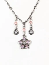 Vintage Style Pink Flower Charm Bar Chain Dainty Necklace Victorian Revival 19"