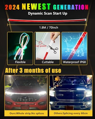 Car Led Lights Exterior RGB Hood Light Strip 70 inches Dynamic Multicolor - Picture 4 of 7