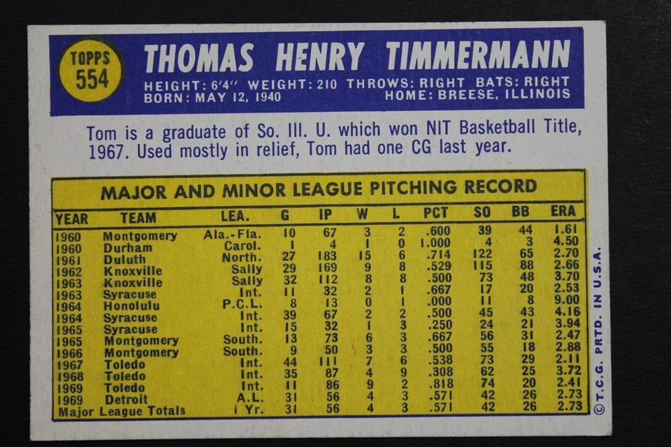 Tom Timmermann Detroit Tigers Autographed 1970 Topps #554 Signed Baseball Card - Image 2 of 3