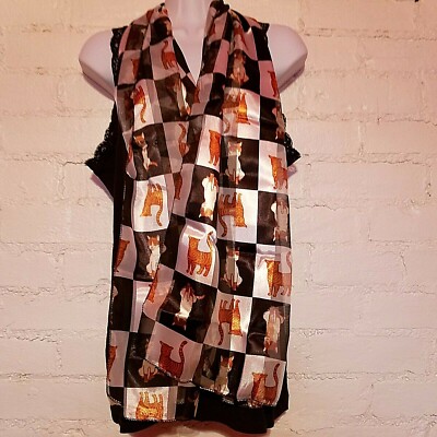 Silky Cat Kitten Scarf Women White Black Orange Block Print Rectangle 12'' x 60''