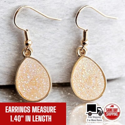 Pink Druzy Tear Drop Gold Plated French Hook Dangle Drop Down Earrings