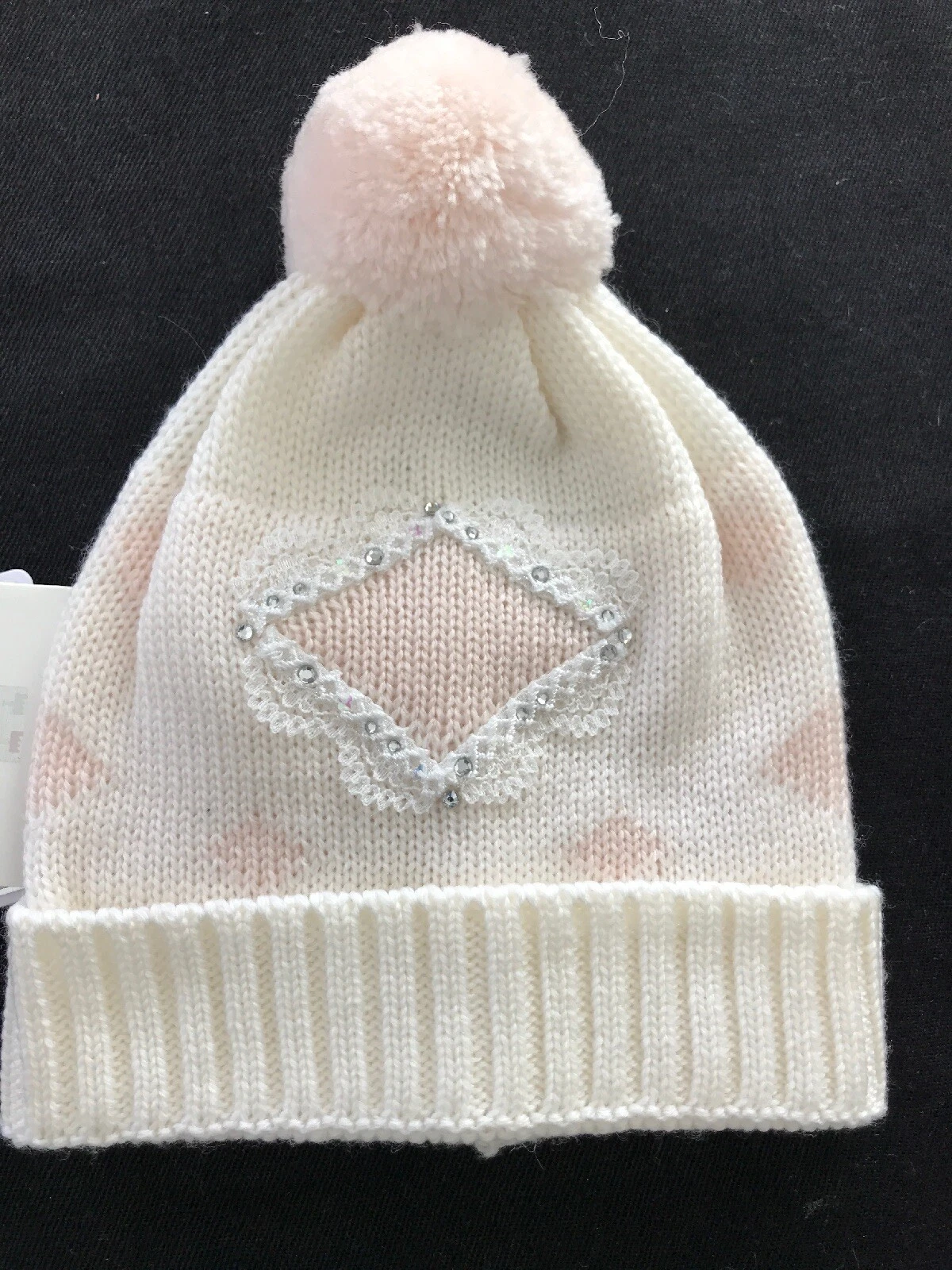 Il Trenino (Italy) NWT 100% Wool Hat Ivory/Pink Diamonds & Bling 3-9 Months