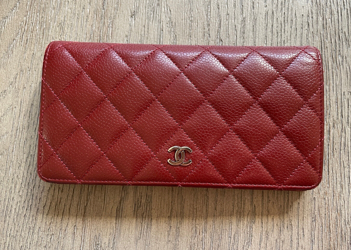 Chanel Caviar Quilted Yen Burgundy Red Silver Hardware Wallet