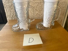 2 Vintage Libbey Cowboy Boot Clear Embossed Glass Beer Mugs 6" Tall, 12 oz Lot D
