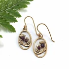 Pretty Pair of Gold Scottish Thistle Drop Earrings with Purple Crystal