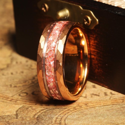 Fede nuziale uomo 8 mm martellata morganite schiacciata e tungsteno oro rosa - Foto 2 di 12